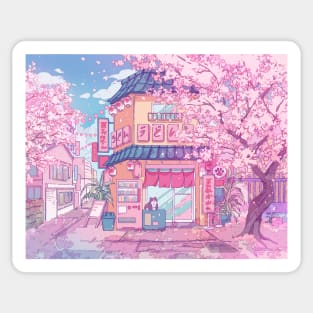 Cute cats' cafe and the pink cherry trees blossom Sticker